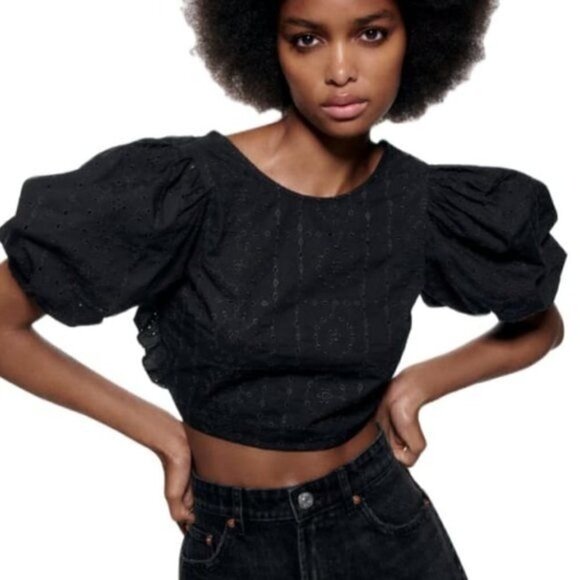 NEW ZARA EMBROIDERED EYELET CROP TOP BLACK | 7521/008 - Picture 1 of 10